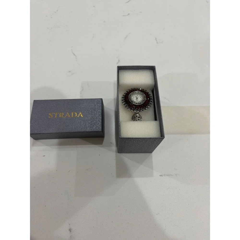 Strada Quartz Japan Movement Watch Red Sunburst Silver Tone Statement Timepiece